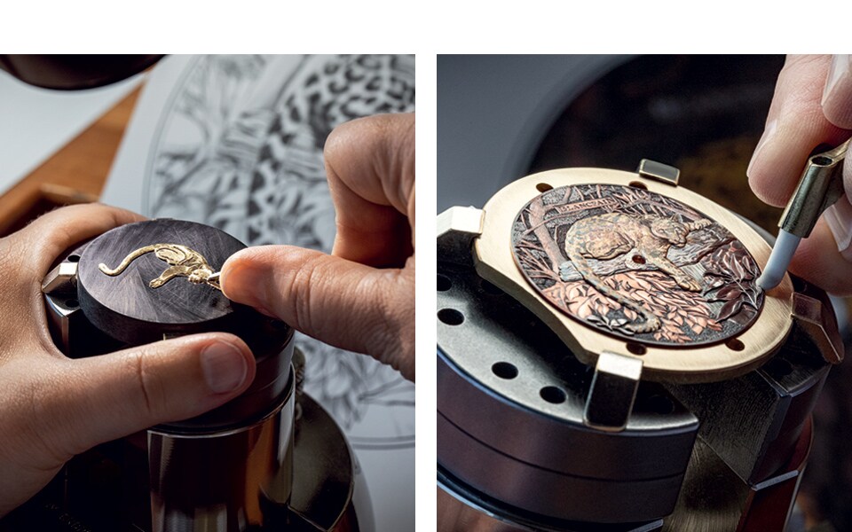 The depiction of the leopard, along with other foreground elements, corresponds to a gold applique that is hand-engraved before being affixed to the dial.&nbsp;
