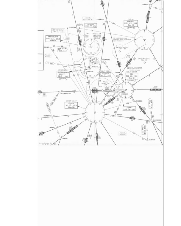 飞机在航线图上飞行的一个案例。这些线标注了“维克多航空公司”的飞行线路，航线可以被想象成空中的高速公路，每条线路的编号都以“V”开头。例如，V20N是由VOR系统发出的033号信号所界定的。图中的三角形即为交叉点，例如，由一个VOR系统的033号信号与另一个VOR系统的267号信号共同界定的“鲍比·琼斯（Bobby Jones）” 就形成了一个交叉点。训练有素的飞行员们会沿着维克多航线仔细追踪航程进展。