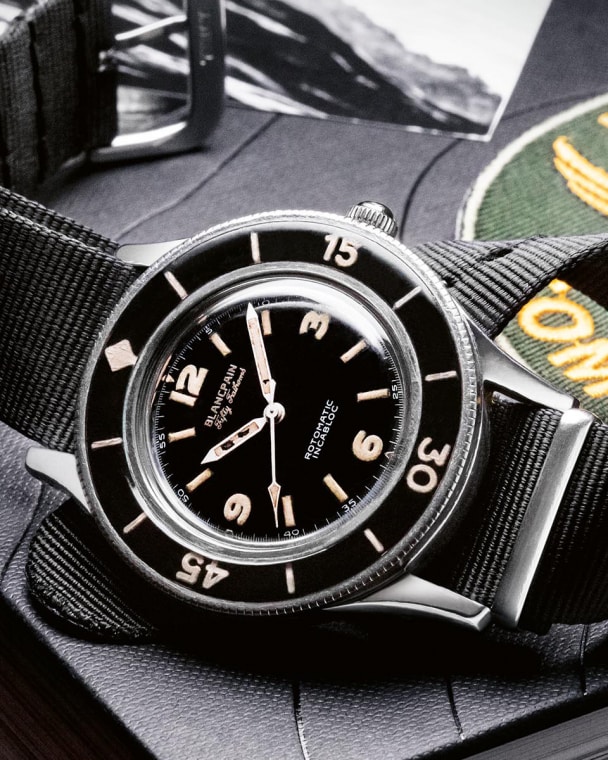 Une des premières&nbsp;Fifty Fathoms de 1953. Déjà protégée par trois brevets Blancpain, elle comporte les principales caractéristiques de&nbsp;la montre de plongée moderne.