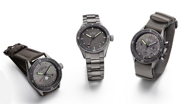 The three new titanium Bathyscaphes showing the strap/ bracelet options: Quantième Complet Phases de Lune (with sailcloth strap), Automatique (titanium bracelet), Chronographe Flyback (NATO strap).
