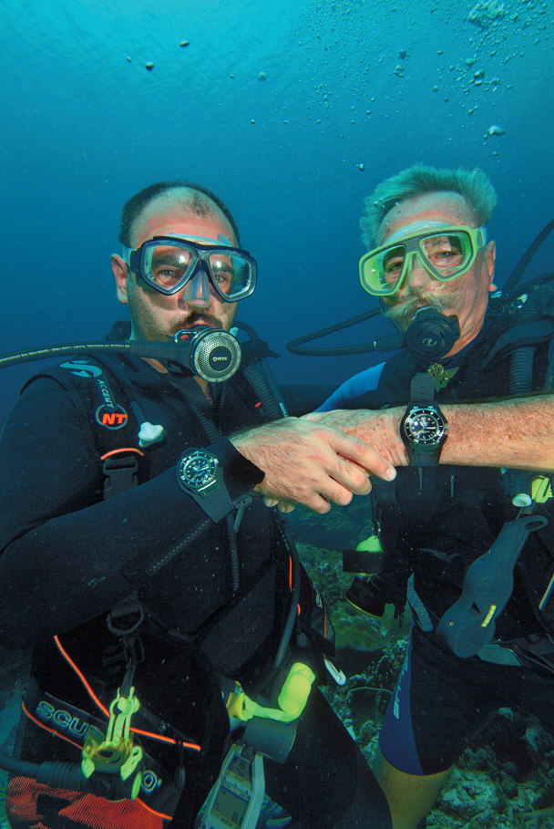 The launch of the 2003 Fifty Fathoms brought together Marc A. Hayek and Robert “Bob” Maloubier OBE, co-founder of the French Combat Diving Corps, during a dive in Thailand.
