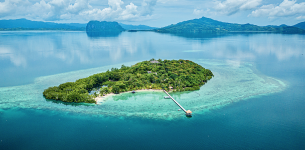 Luftaufnahme der Insel Pangatalan in der Shark Fin Bay.
