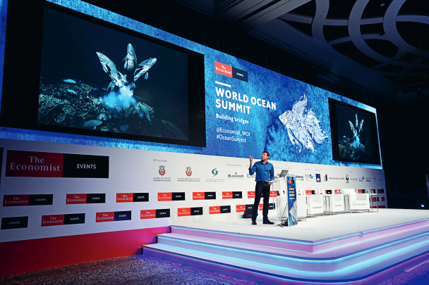 Laurent Ballesta speaking at a World Ocean Summit conference.
