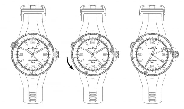 A. The watch before setting the bezel.

B. Placing the index opposite the three-hour hand at the start of a dive.

C. Reading the elapsed dive time on the bezel (2 hours and 25 minutes).
