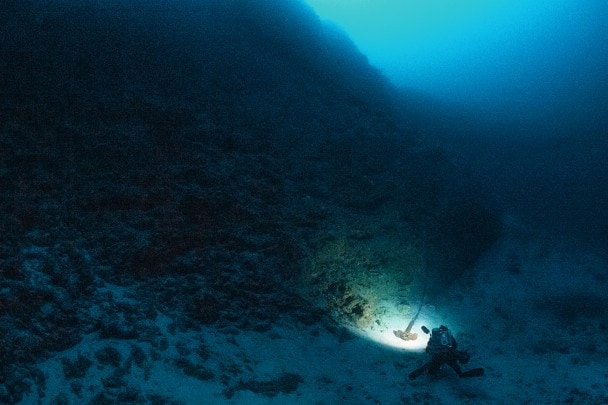 Ancora della nave, gettata a 105 m di profondità, lungo un pendio corallino.