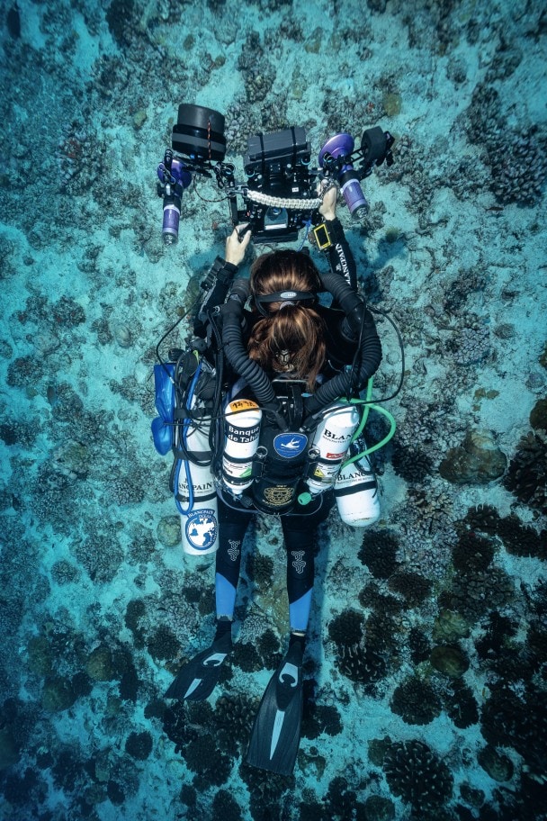 Subacqueo tecnico equipaggiato con rebreather e attrezzatura di foto-identificazione.