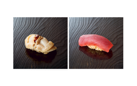 Variétés de sushi nigiri. Dans le sens horaire en partant d'en haut à gauche : otoro, uni, thon rouge et anguille.
